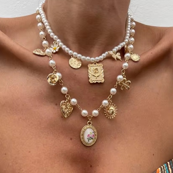 Anthropologi 2x Gold and Pearl Charm Necklace